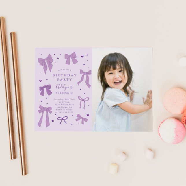 Purple Coquette Bows Birthday Party Photo Invitation (Creator Uploaded)