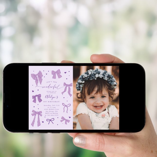 Purple Coquette Bows ONEderful Birthday Photo Invitation (Front Digital)