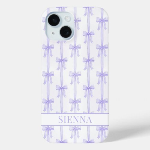Purple Coquette Bows Striped Monogrammed iPhone 15 Case