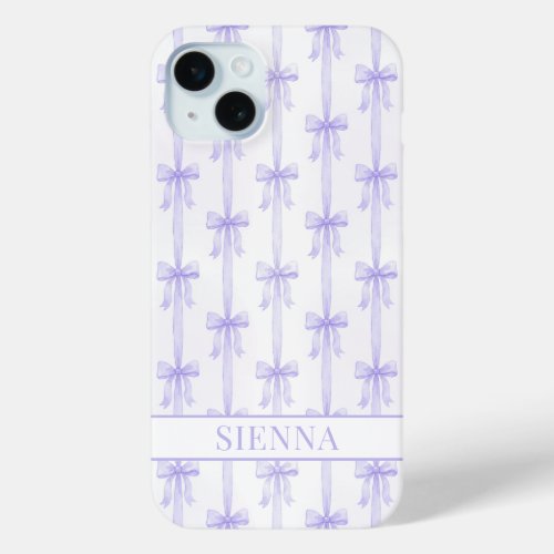 Purple Coquette Bows Striped Monogrammed iPhone 15 Plus Case