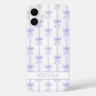 Purple Coquette Bows Striped Monogrammed iPhone 16 Plus Case