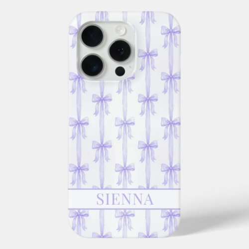 Purple Coquette Bows Striped Monogrammed iPhone 15 Pro Case