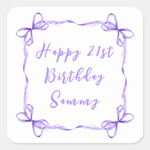 Purple Coquette Ribbon Happy Birthday Square Sticker