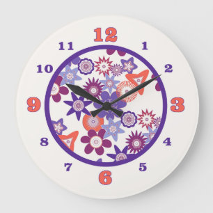Purple/Coral Fantasy Flower Pattern Large Clock