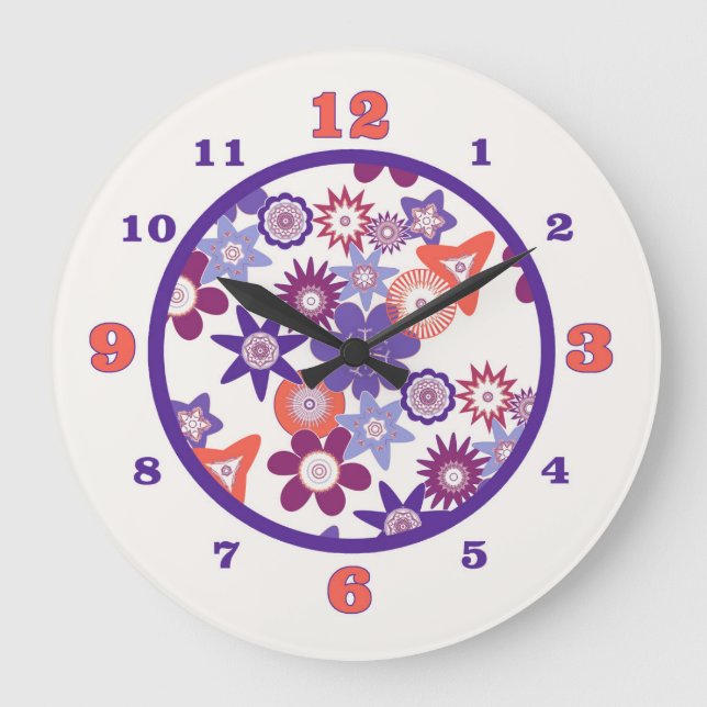 Purple/Coral Fantasy Flower Pattern Large Clock (Front)