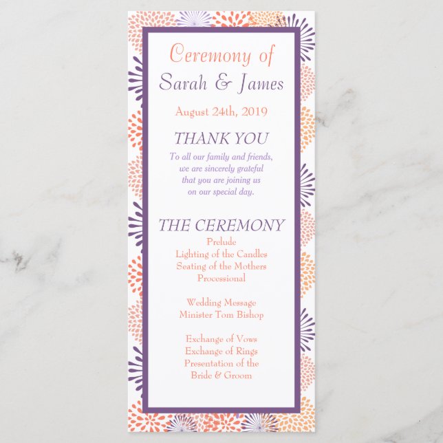 Purple & Coral Floral Blossoms Wedding Ceremony Program (Front)