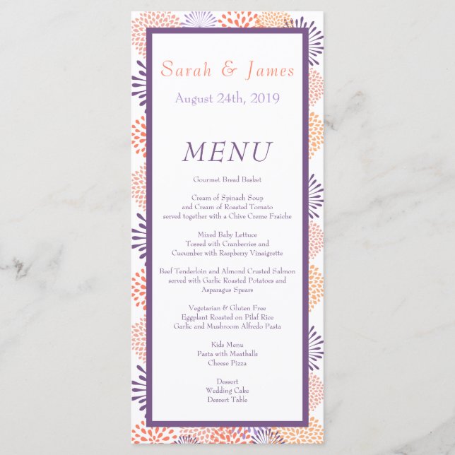 Purple & Coral Floral Blossoms Wedding Menu (Front)