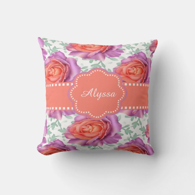 Purple Coral Roses Personalized Throw Pillow (Front)