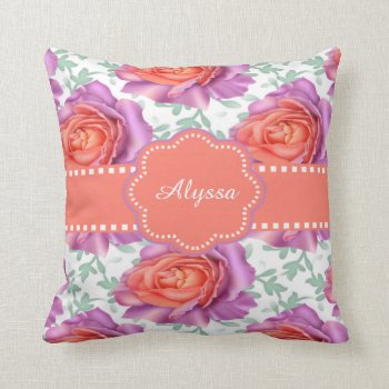 Purple Coral Roses Personalized Throw Pillow by mybabytee at Zazzle