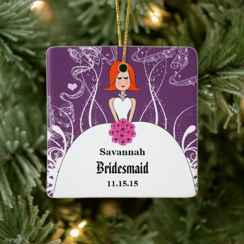 Purple  Coral Wedding Red Hair  Bridesmaid Ceramic Ornament