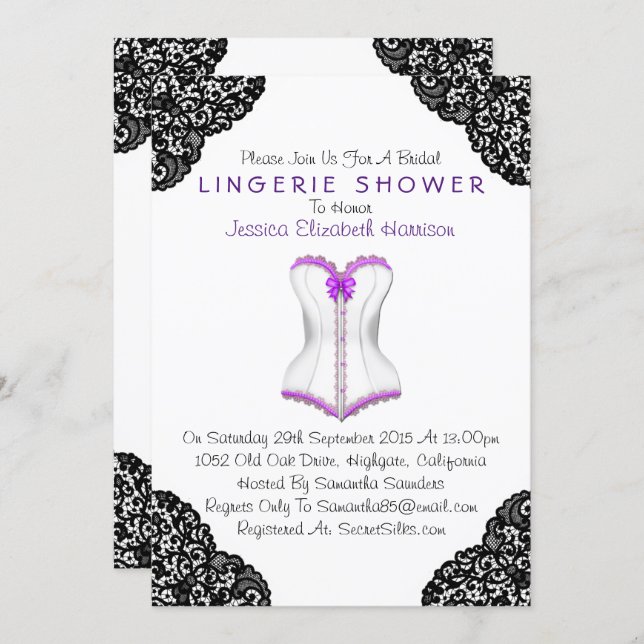 Purple Corset & Black Lace Lingerie Shower Invitation (Front/Back)