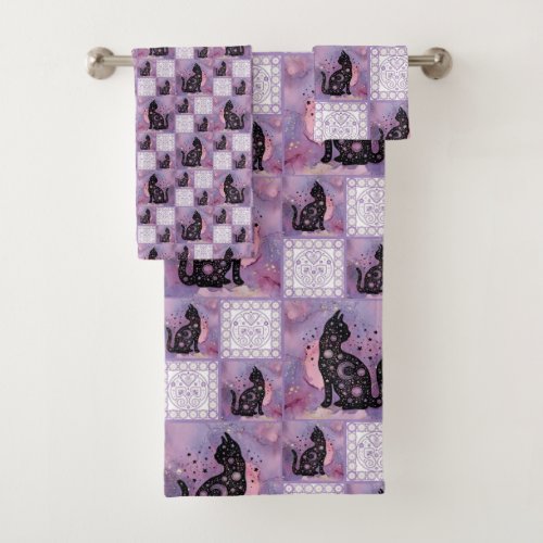 Purple Cosmic Cats Patchwork Bath Towel Set