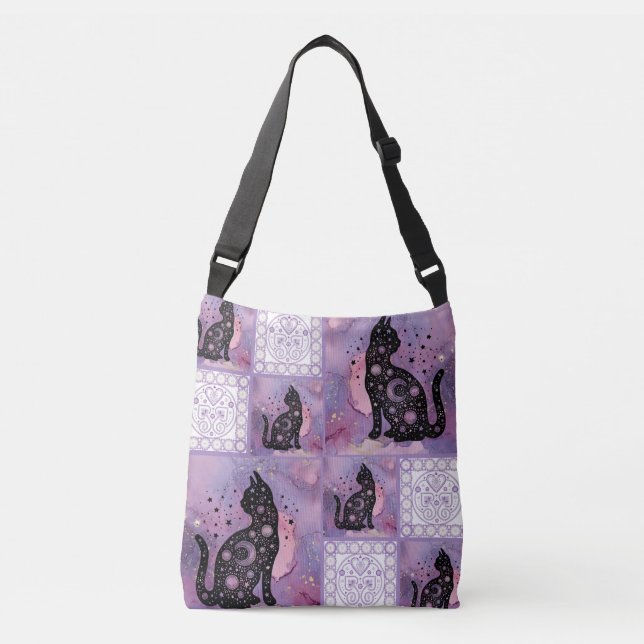 Purple Cosmic Cats Patchwork Crossbody Bag (Front)