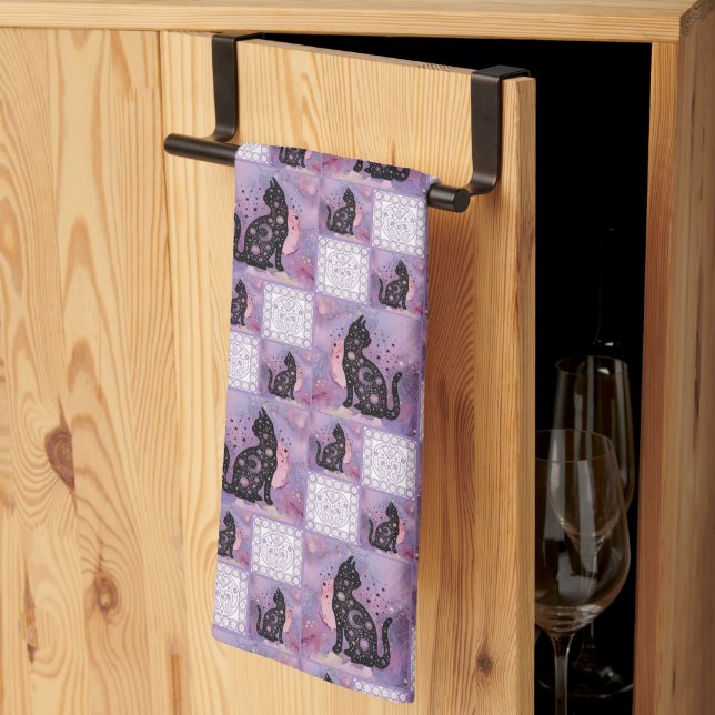 Purple Cosmic Cats Patchwork  Kitchen Towel (Thirds Fold)