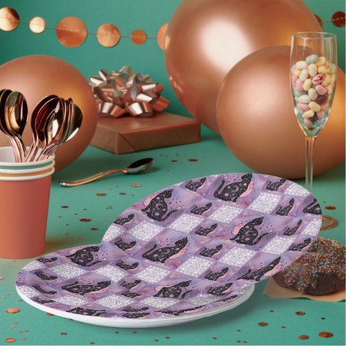 Purple Cosmic Cats Patchwork  Paper Plates