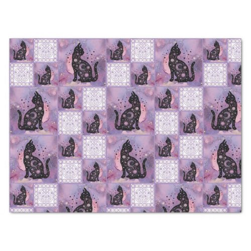 Purple Cosmic Cats Patchwork Pattern  Tissue Paper