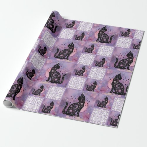 Purple Cosmic Cats Patchwork Pattern Wrapping Paper