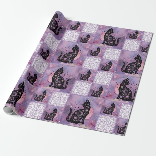 Purple Cosmic Cats Patchwork Pattern Wrapping Paper (Unrolled)
