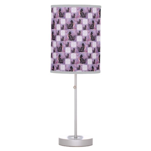 Purple Cosmic Cats Patchwork  Table Lamp