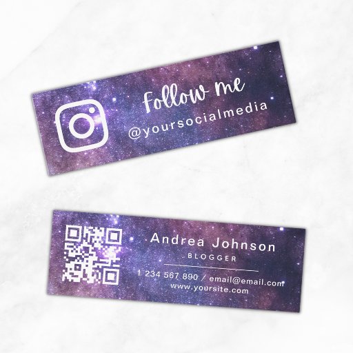 Customizable Purple Cosmic Galaxy Follow Social Media QR Code Mini Business Card
