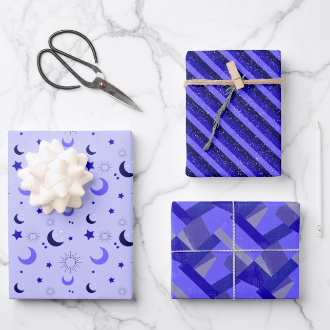 Purple cosmic, lines and shapes wrapping paper sheets (Front)