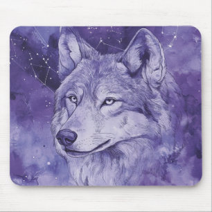 Purple Cosmic Wolf Watercolor Mouse Pad