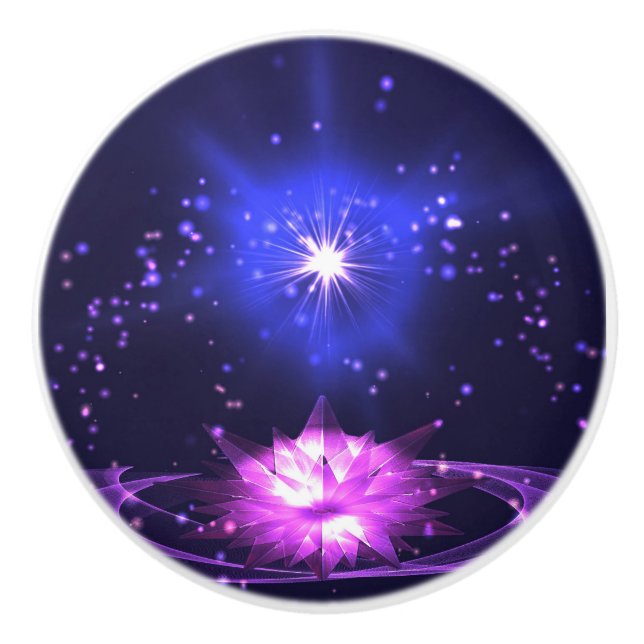 Purple Cosmic Zen Crystal Lotus Flower Stars Ceramic Knob (Front)