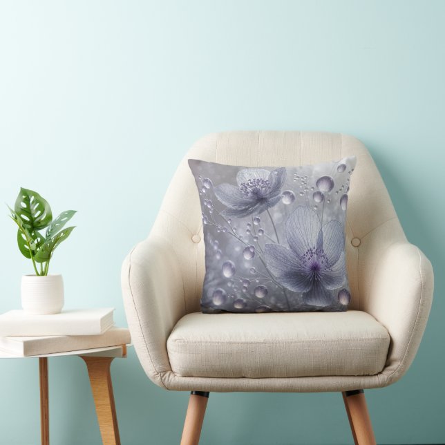 Purple Cosmos and Dew Drops Throw Pillow (Chair)