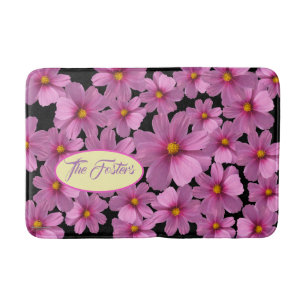 Purple Cosmos Flower Design on a Black Background Bath Mat