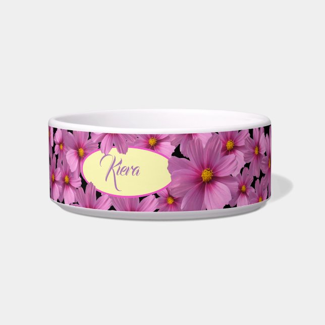 Purple Cosmos Flower Design on a Black Background Bowl (Front)