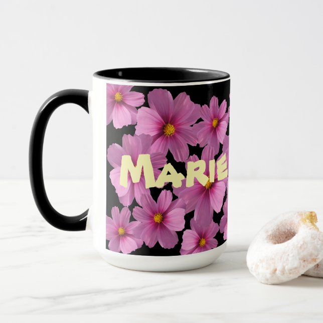 Purple Cosmos Flower Design on a Black Background Mug (With Donut)