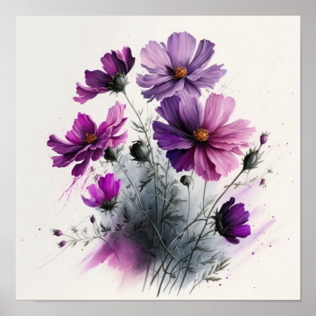 Purple Cosmos Flowers Art Print Poster (Front)