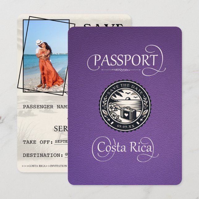 Purple Costa Rica Passport Save The Date (Front/Back)