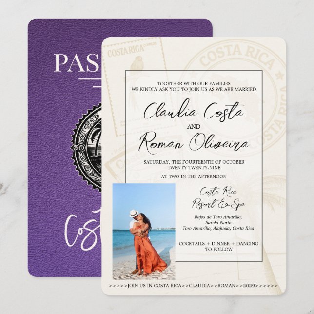 Purple Costa Rica Passport Wedding Invitation (Front/Back)
