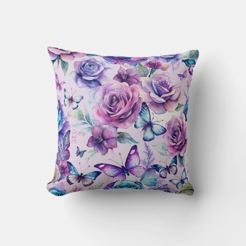 Purple Cottage Roses and Blue Butterflies Throw Pillow