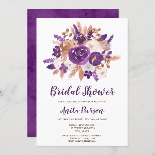 Purple cotton chic floral watercolor bridal shower invitation