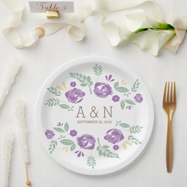 Purple Country Floral Monogram Paper Plates (Wedding)