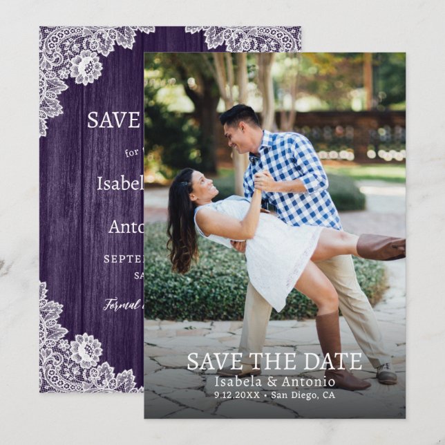 Purple Country Wood Floral Lace Wedding Photo Save The Date (Front/Back)