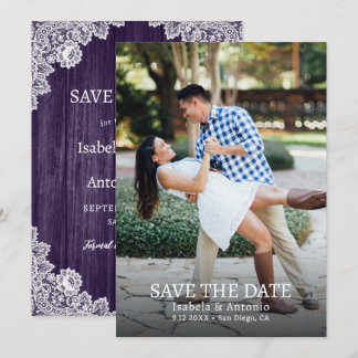 Purple Country Wood Floral Lace Wedding Photo Save The Date