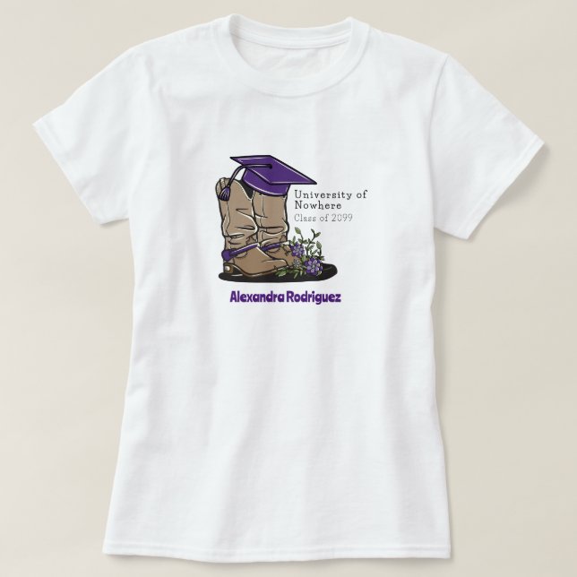 Purple Cowboy Boot Graduation Cap & Flowers T-Shirt (Design Front)
