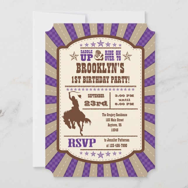 Purple Cowboy Rodeo Birthday Party Invitation (Front)