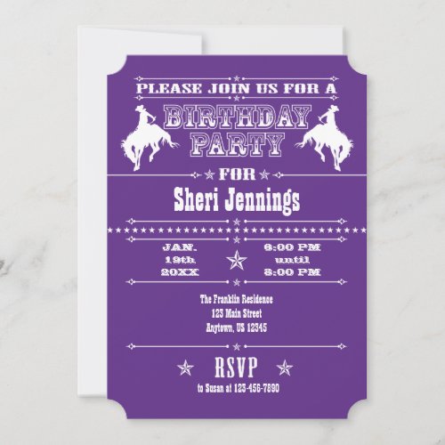 Purple Cowboy Rodeo Birthday Party Invitation