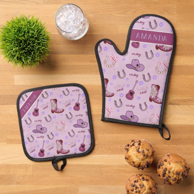 Purple Cowboy Wild West All over print Pattern Oven Mitt & Pot Holder Set (Top Down)