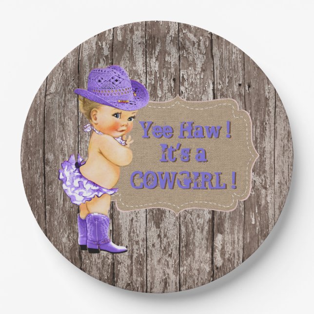 Purple Cowgirl Baby Shower Paper Plates (Front)