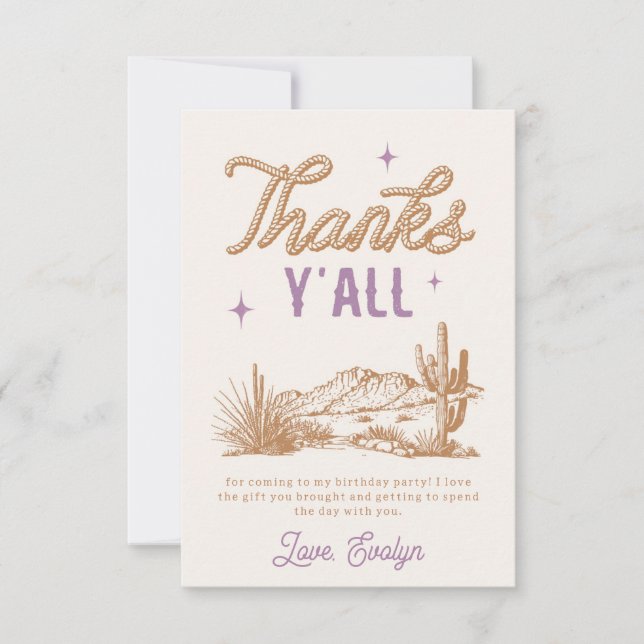 Purple Cowgirl Birthday Party Thank You Card (Front)