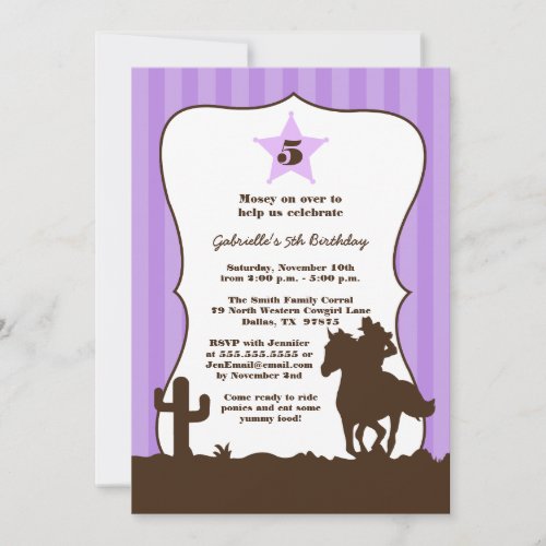 Purple cowgirl girls birthday party invitation