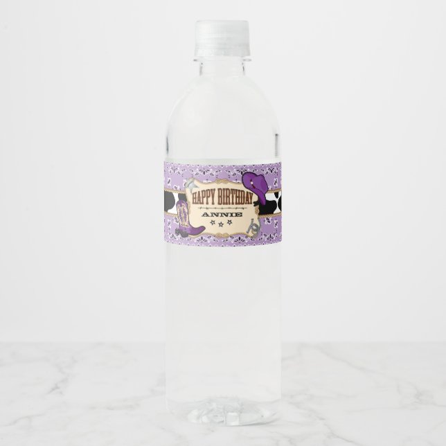 Purple Cowgirl, Western Birthday Party Water Bottle Label (Front)