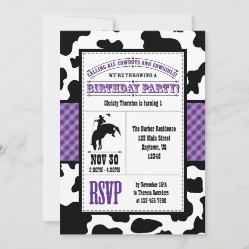 Purple Cowhide Cowboy Birthday Invitation