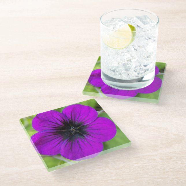 Purple Cranesbill Geranium Floral Glass Coaster (Angled)