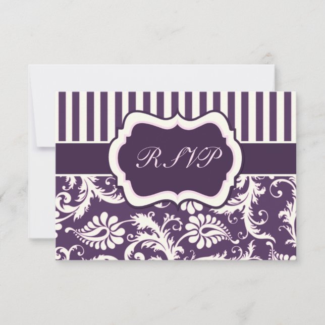 Purple, Cream, and Pink Stripe Damask Reply Card (Front)